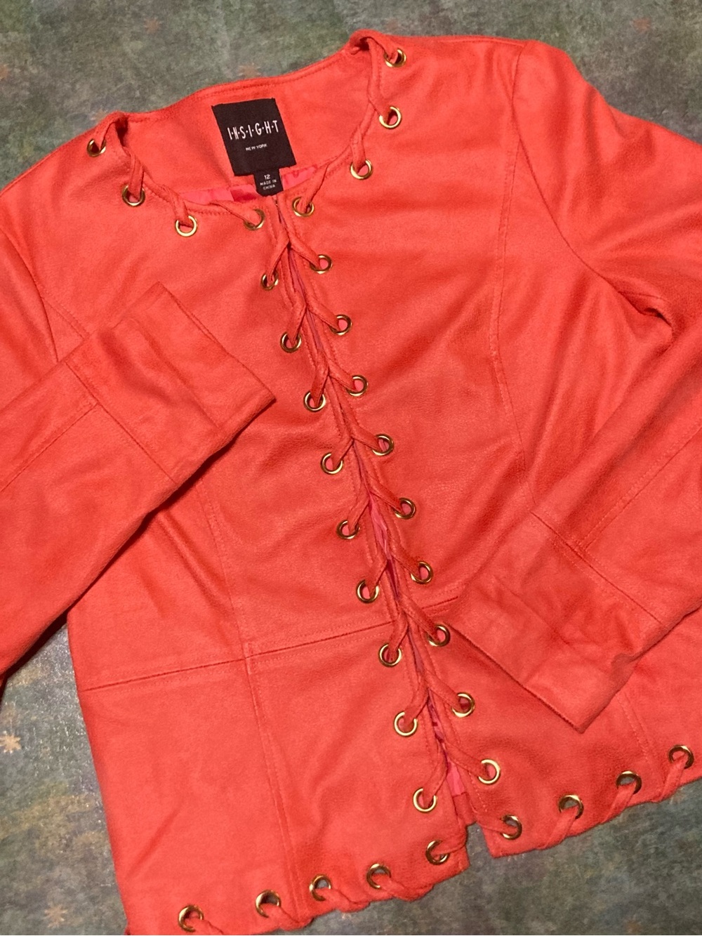 Insight Coral Salmon Orange Travel Jacket Blazer Grommets & Lacing, Sz 12 Fall
